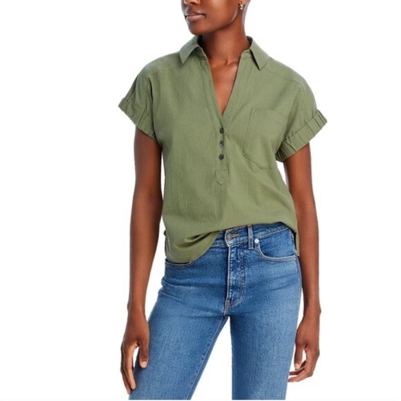 VERONICA BEARD Almera Collared Popover Blouse in Green Size Small NWT - Picture 1 of 11